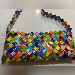 VIBRANT colourful Mexican artisan candy wrapper foil handbag with zipper closure
